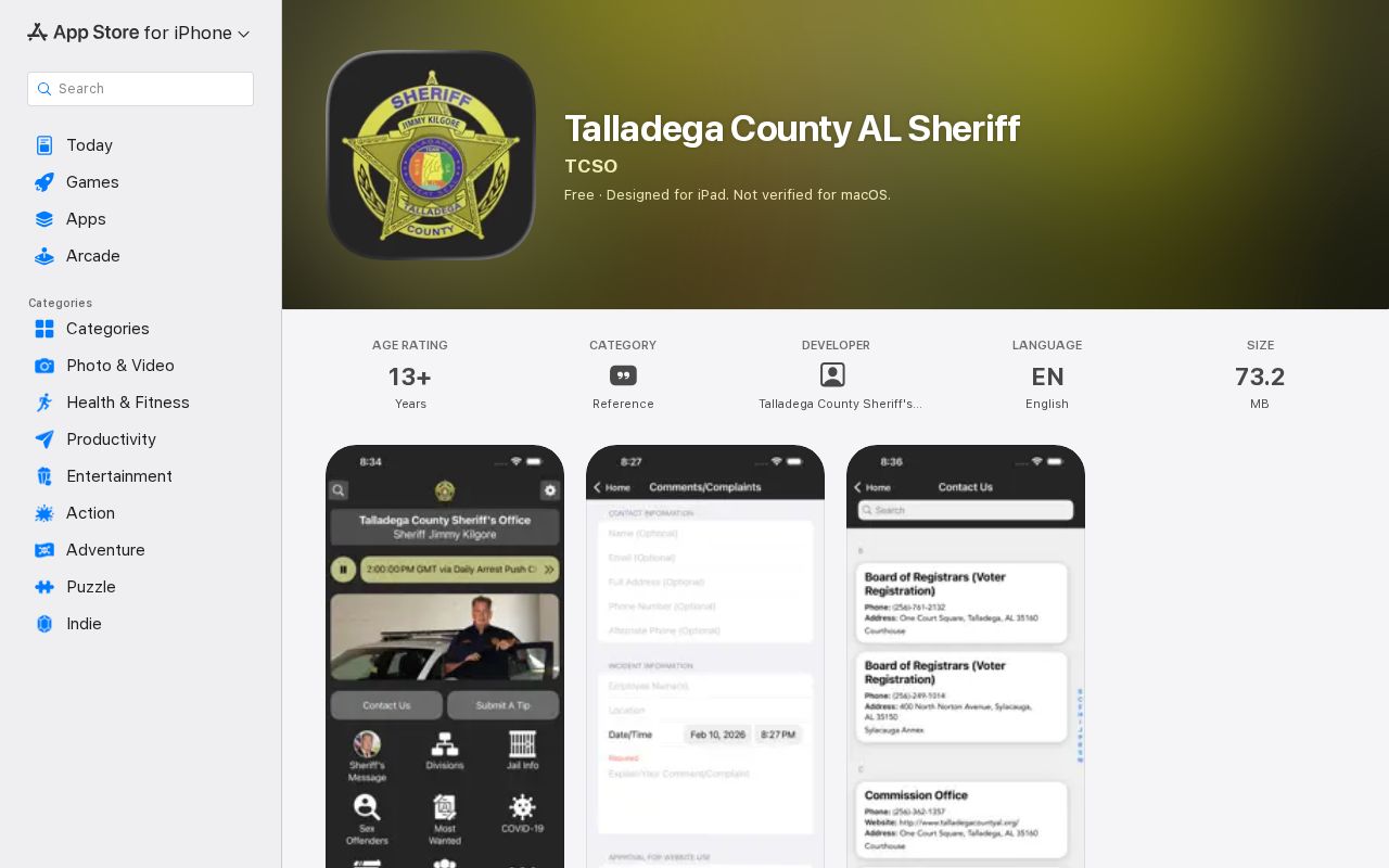 Talladega County Sheriff app listing for tips and public safety records